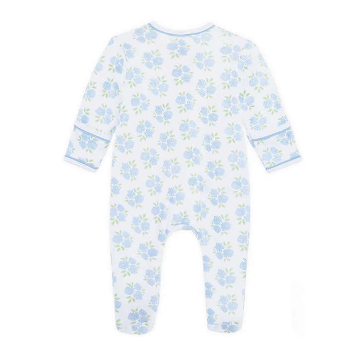 Allover hydrangea floral print in sky blue and soft green footie pajama