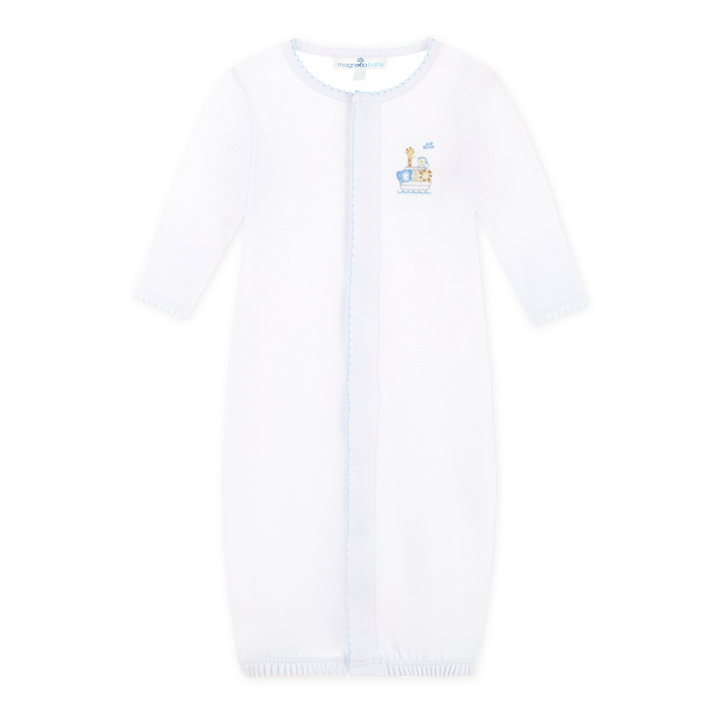 Soft white cotton with delicate blue picot trim baby gown

Embroidered Noah’s Ark detail for classic charm
