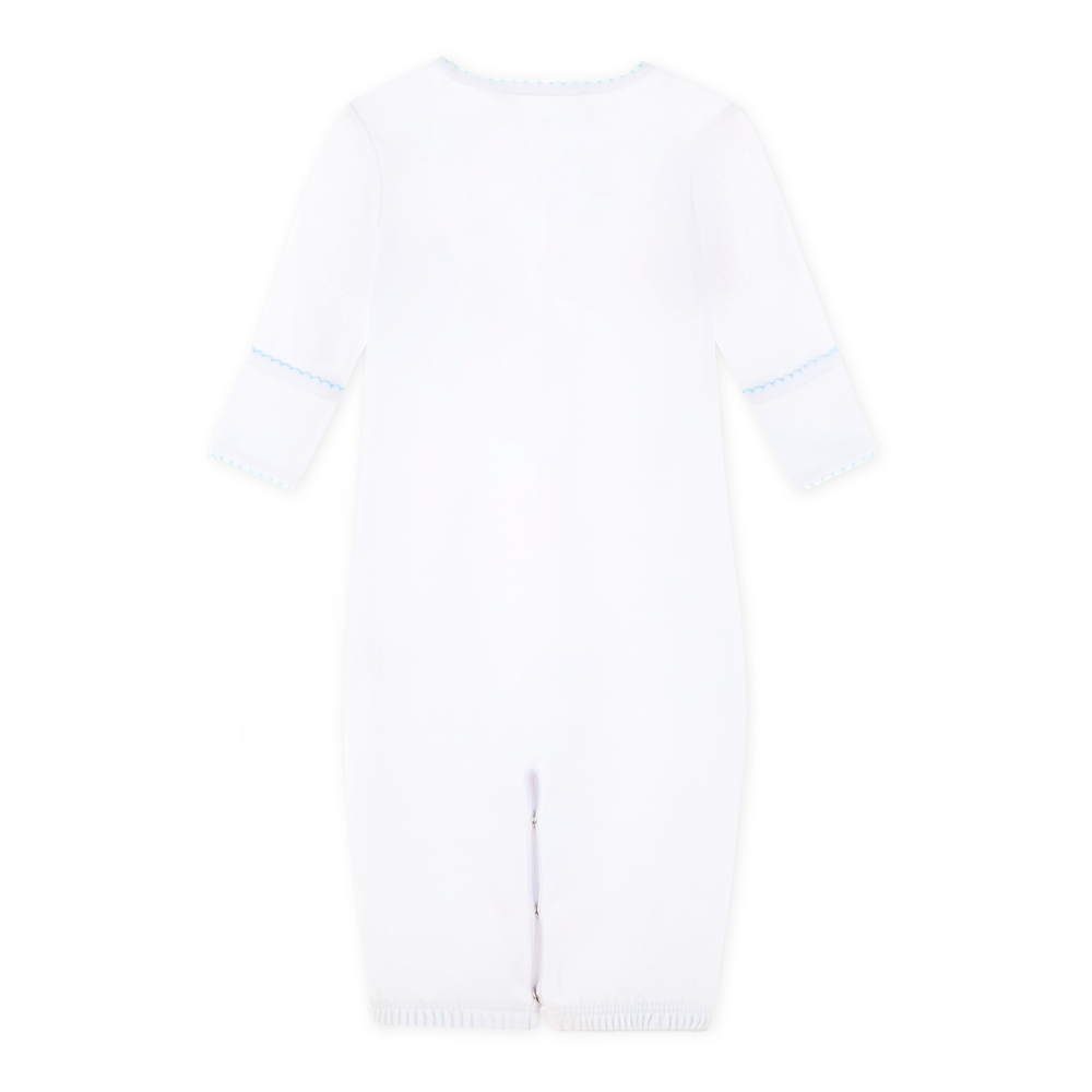 Soft white cotton with delicate blue picot trim baby gown

Embroidered Noah’s Ark detail for classic charm