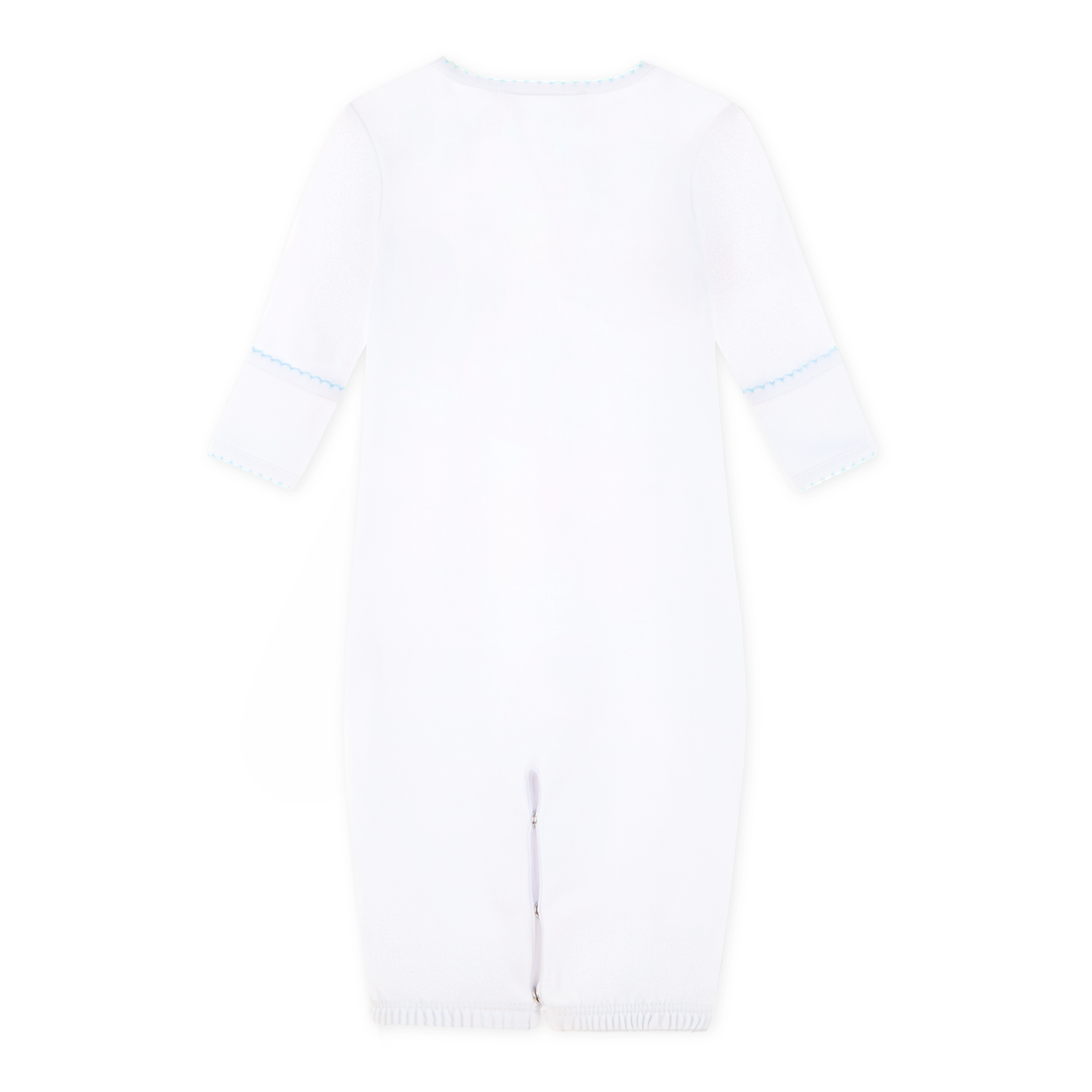 Soft white cotton with delicate blue picot trim baby gown

Embroidered Noah’s Ark detail for classic charm