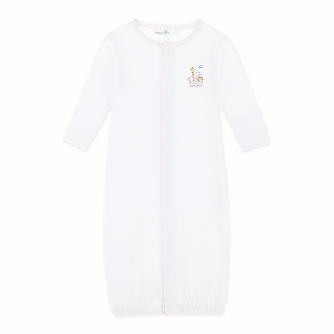 Soft white cotton with delicate pink picot trim baby gown

Embroidered Noah’s Ark detail for classic charm