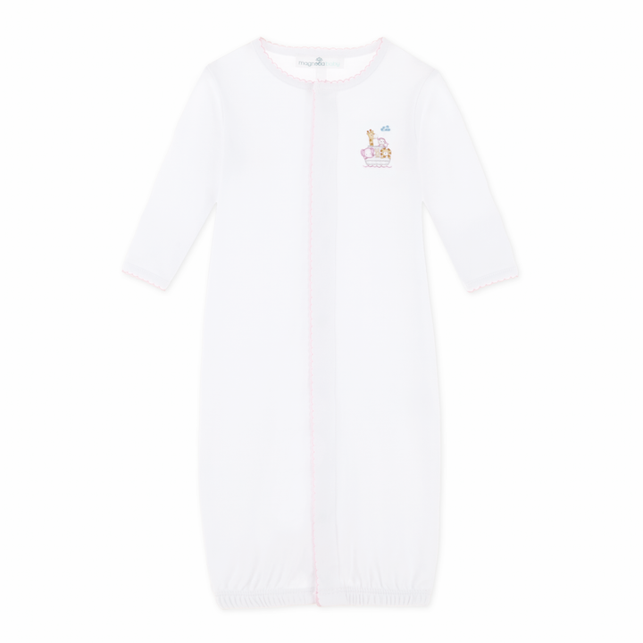 Soft white cotton with delicate pink picot trim baby gown

Embroidered Noah’s Ark detail for classic charm