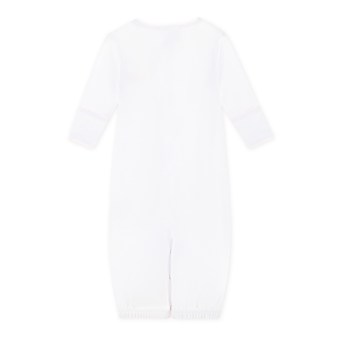 Soft white cotton with delicate pink picot trim baby gown

Embroidered Noah’s Ark detail for classic charm
