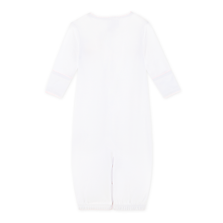 Soft white cotton with delicate pink picot trim baby gown

Embroidered Noah’s Ark detail for classic charm