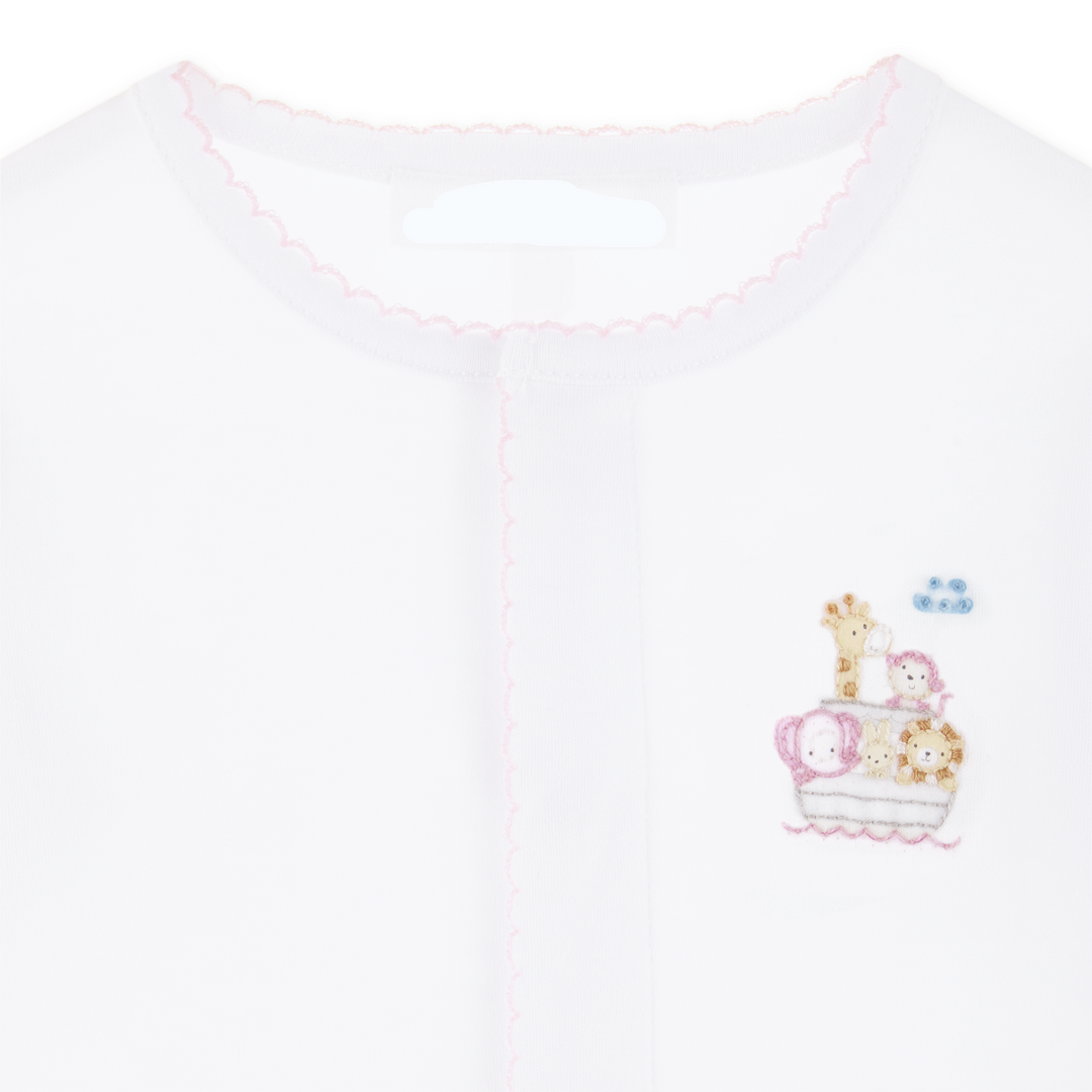 Soft white cotton with delicate pink picot trim baby gown

Embroidered Noah’s Ark detail for classic charm