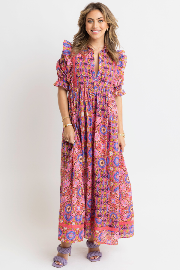 KARLIE: PINK KALEIDOSCOPE PUFF SLEEVE TIERED MAXI DRESS