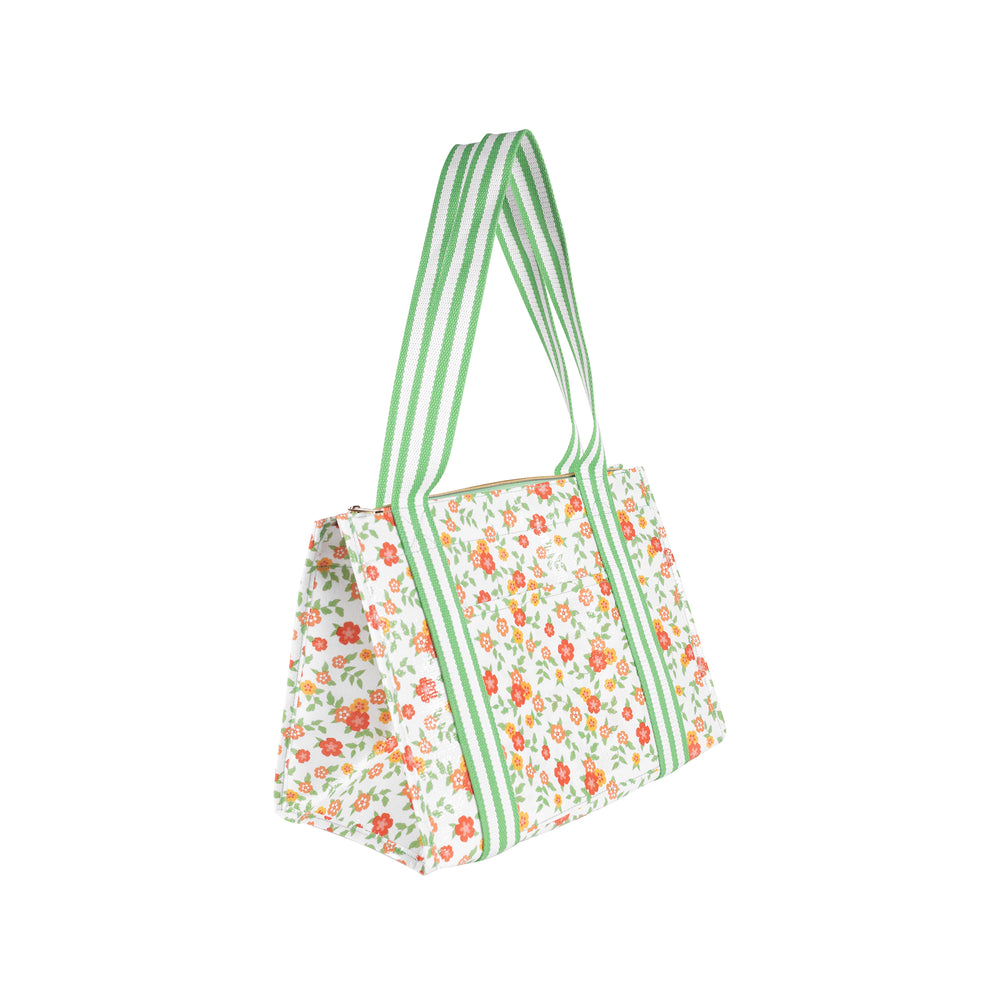 Floral-patterned tote bag with green stripes on a white background