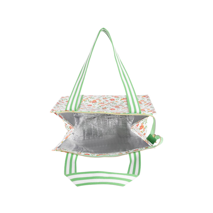Floral-patterned cooler bag with green straps on a white background