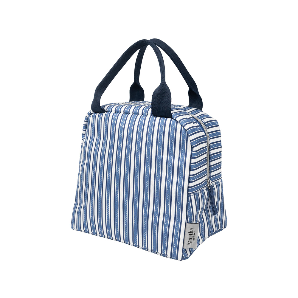 Blue and white striped bag with black handles on a white background