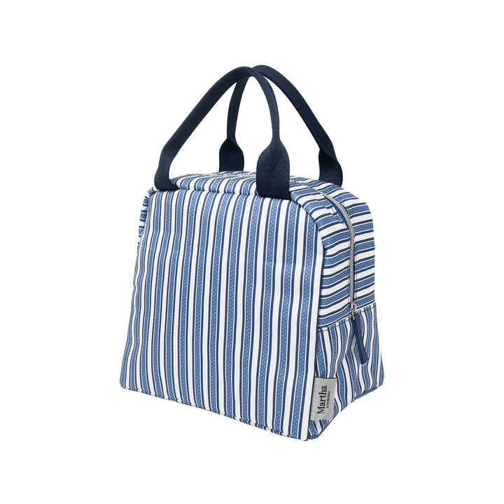 Blue and white striped bag with black handles on a white background