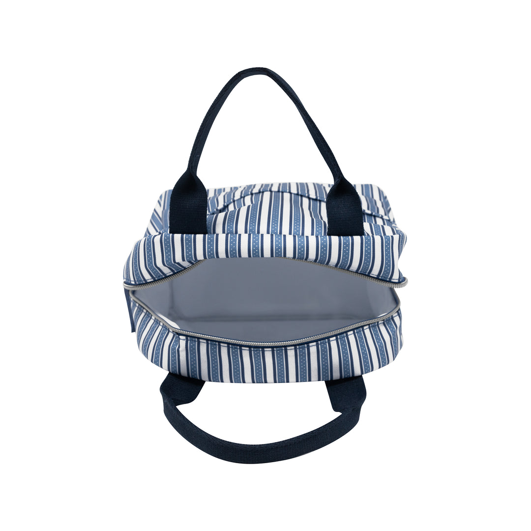Blue and white striped pet carrier with black straps on a white background