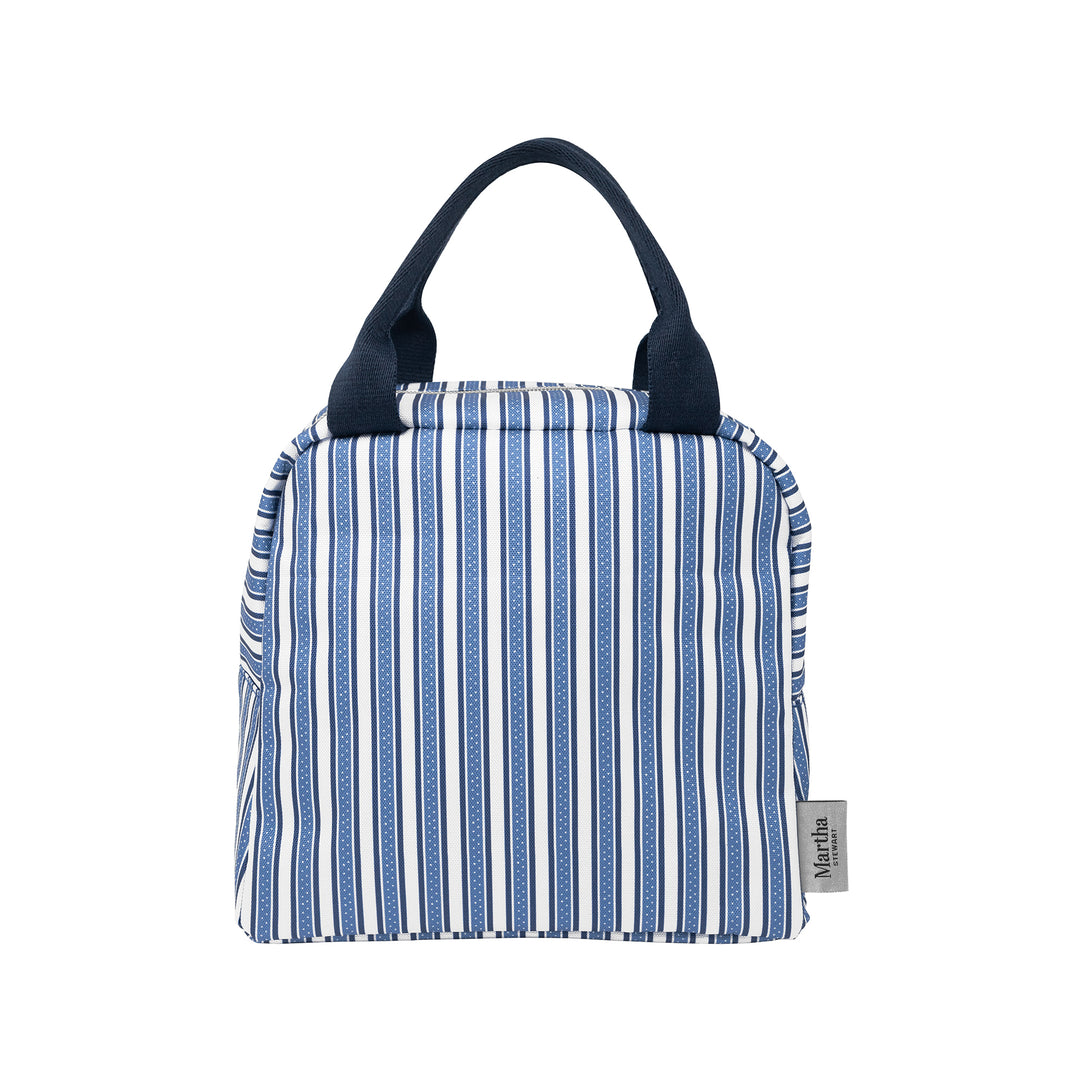 Blue and white striped bag with a visible brand tag on a white background
