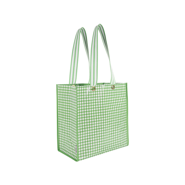 Green checkered tote bag on a white background
