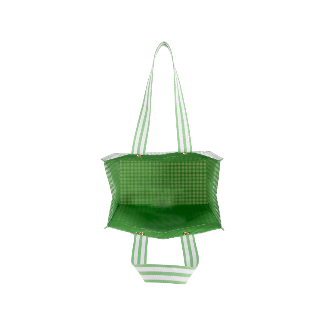 Green checkered tote bag with matching green and white striped bikini bottom on a white background