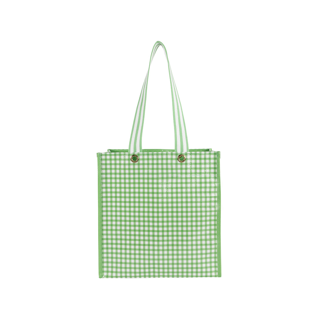 Green checkered tote bag on a white background