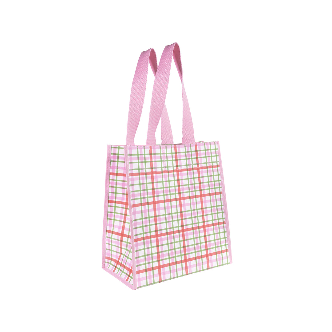 Checkered tote bag with pink straps on a white background