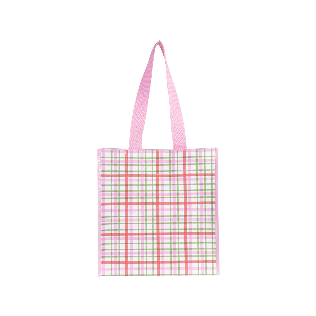 Tote bag with pink and green plaid pattern on a white background