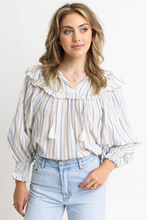 KARLIE: BLUE STRIPE NEUTRAL VNECK RUFFLE TOP