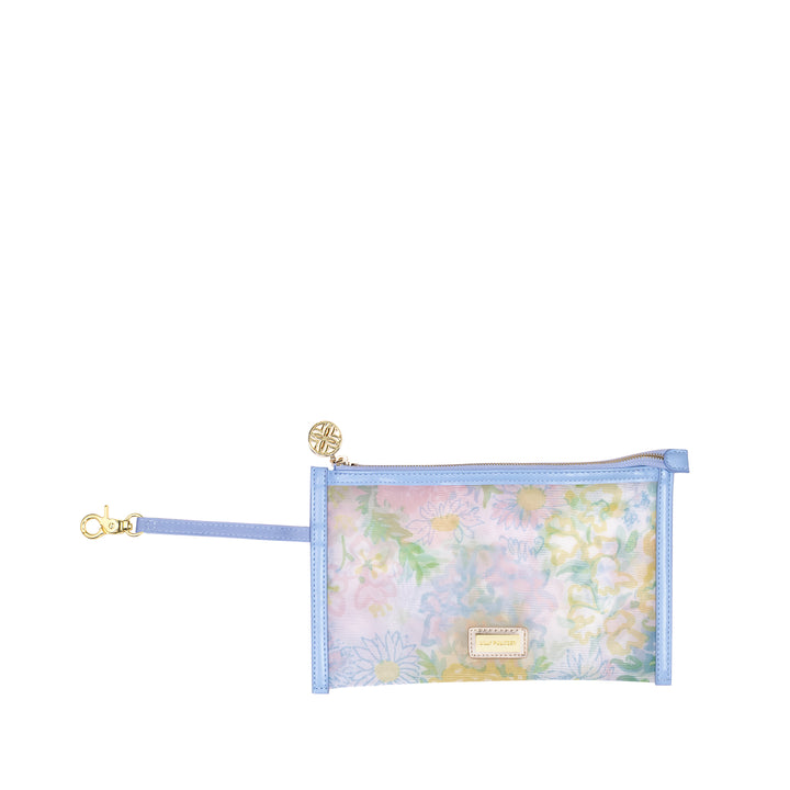 Floral pouch with a blue strap on a white background