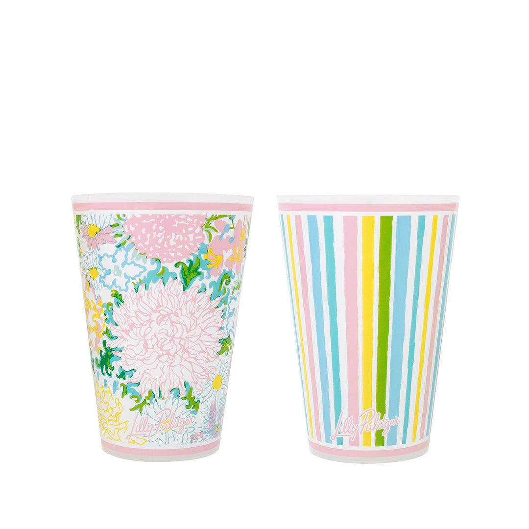 Two colorful cups with floral and striped designs on a white background