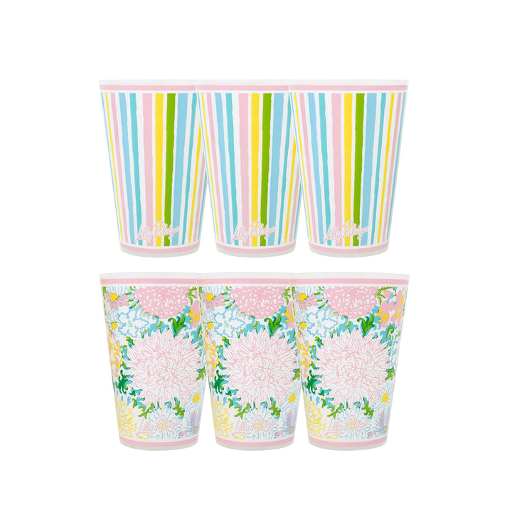 Two sets of cups with colorful designs on a white background