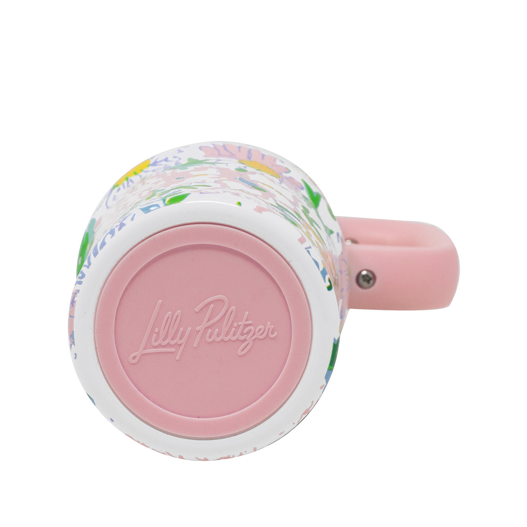Pink mug with floral design and 'Lilly Pulitzer' branding on a white background