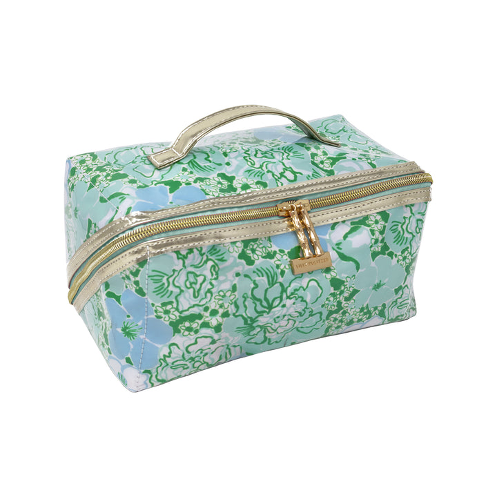 Floral-patterned jewelry box with gold zipper and handle on a white background