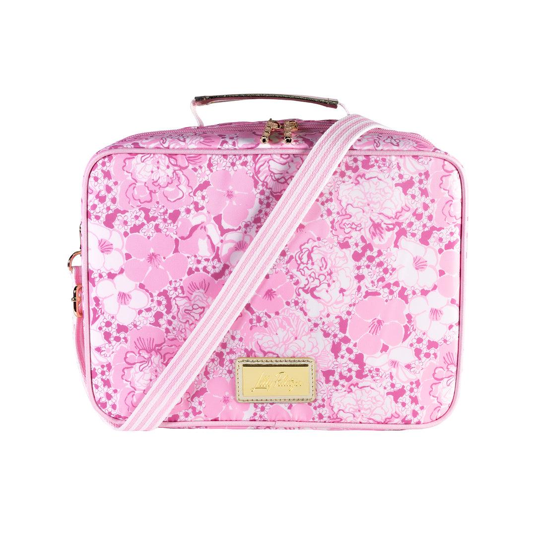 Pink floral patterned bag with a strap on a white background