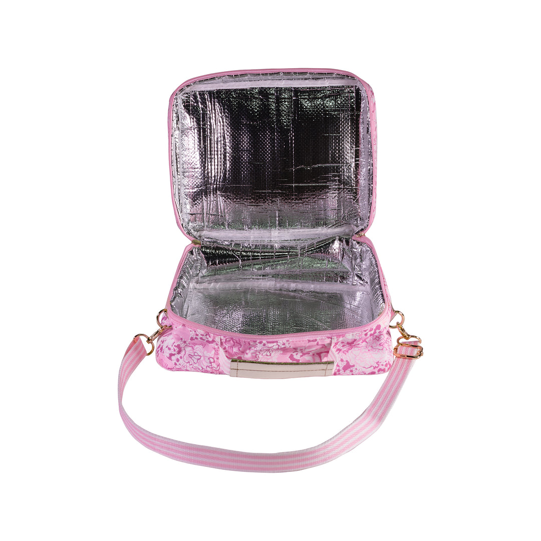 Pink insulated cooler bag with floral pattern on a white background