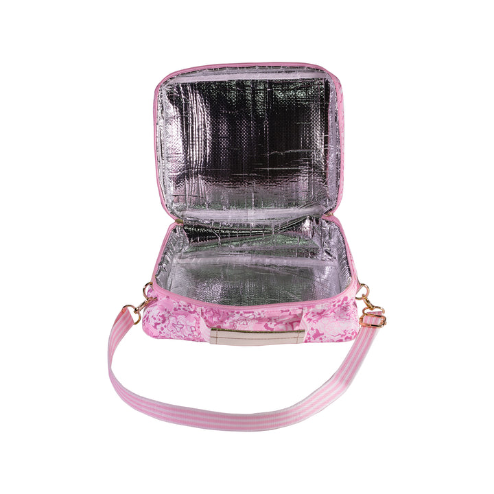 Pink insulated cooler bag with floral pattern on a white background