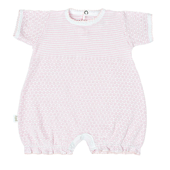Pink baby romper with white stripes on a white background
