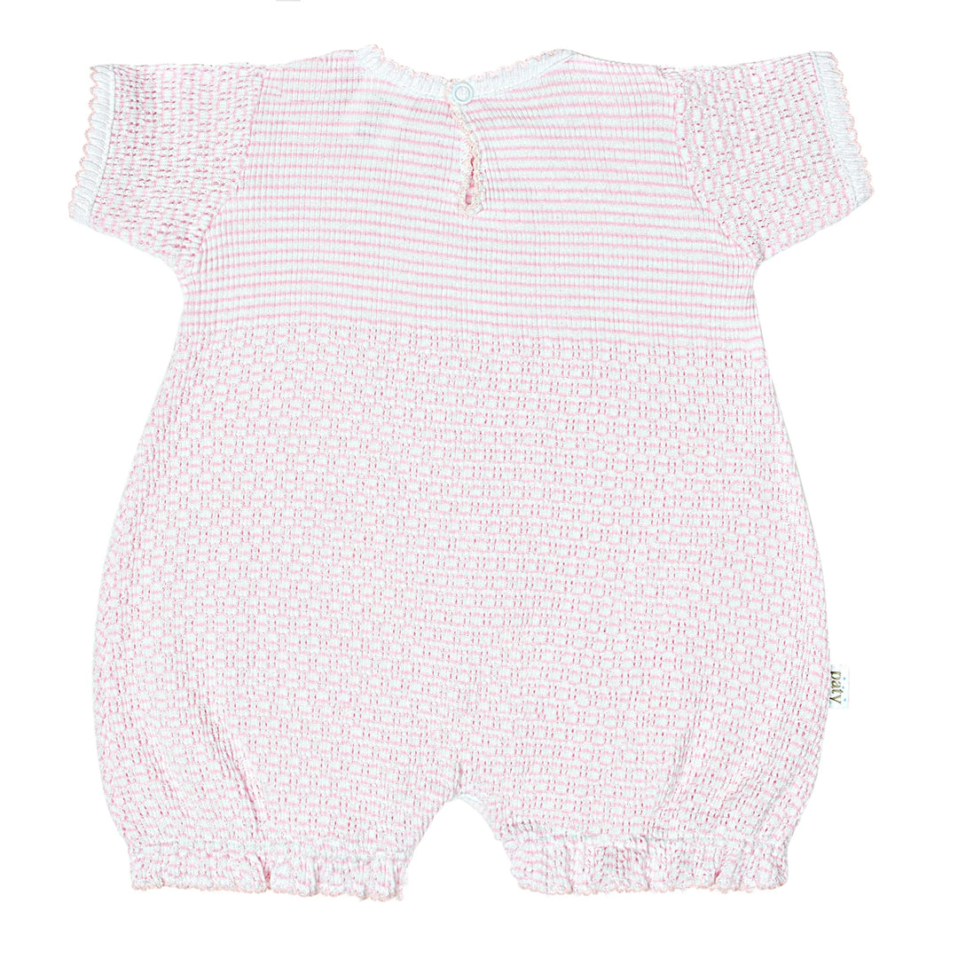 Pink baby romper with a subtle pattern on a white background