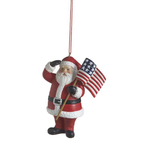 Decorative ornament of a Santa Claus figure holding an American flag on a white background