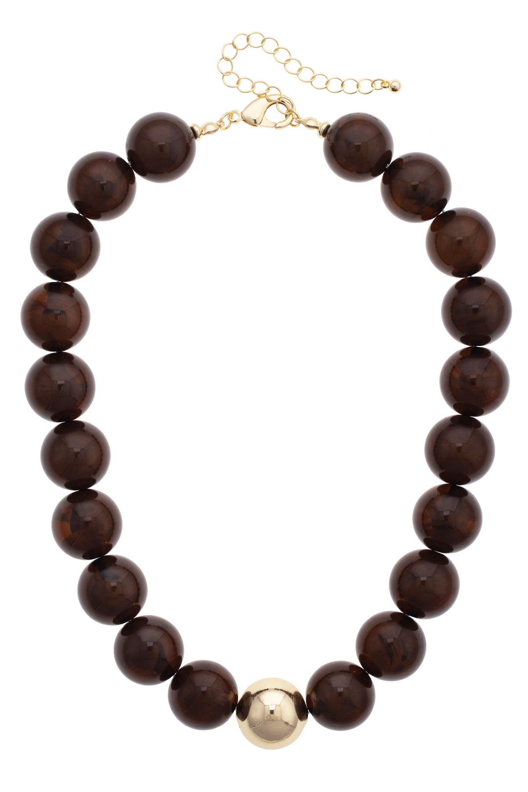 Brown beaded necklace with a gold clasp on a white background