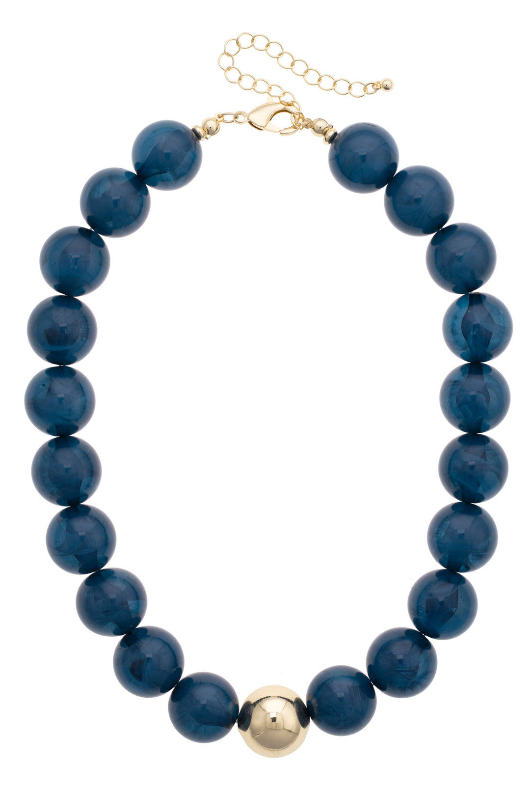 Necklace with blue beads and a gold clasp on a white background