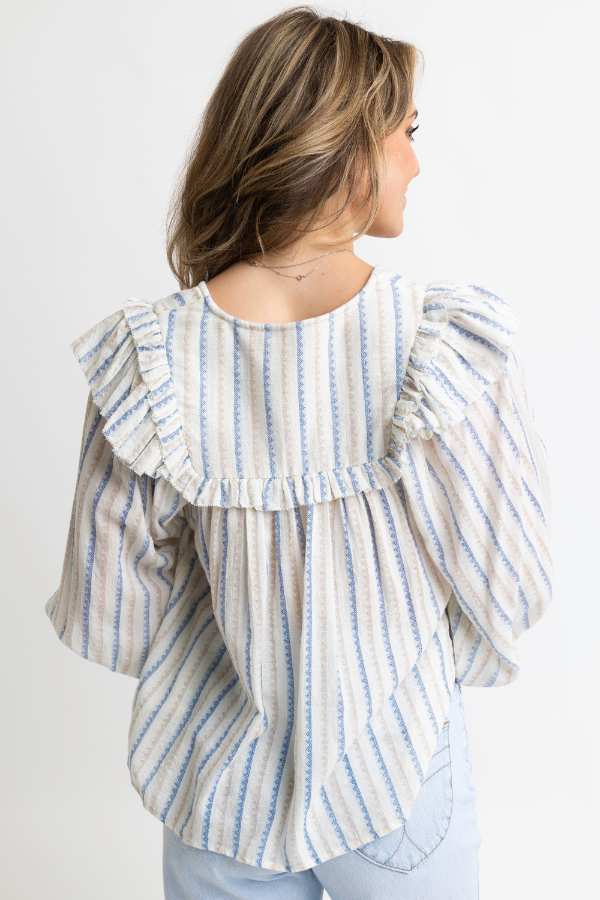 KARLIE: BLUE STRIPE NEUTRAL VNECK RUFFLE TOP