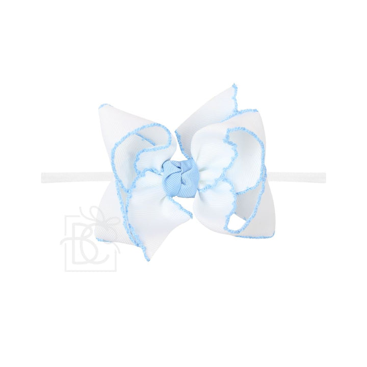 White hair bow with blue trim on a white background
