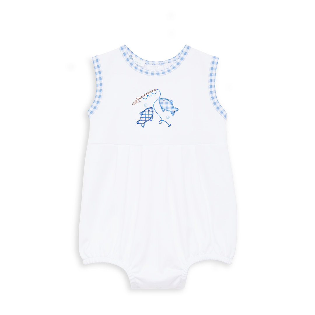 WHITE APPLIQUE BUBBLE WITH BLUE GINGHAM TRIM AND FISHING APPLIQUE SLEEVELESS ON WHITE BACKGROUND