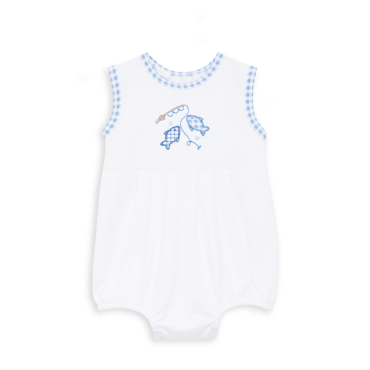 WHITE APPLIQUE BUBBLE WITH BLUE GINGHAM TRIM AND FISHING APPLIQUE SLEEVELESS ON WHITE BACKGROUND