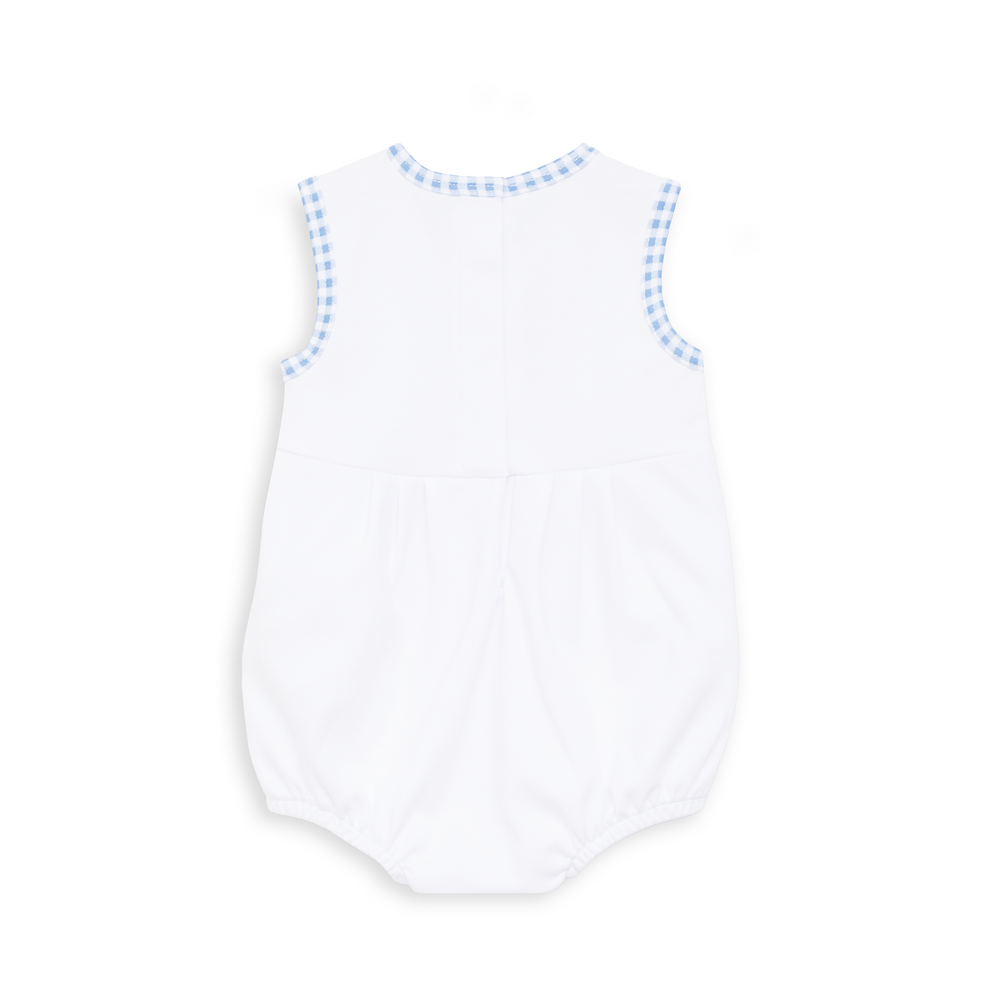 WHITE APPLIQUE BUBBLE WITH BLUE GINGHAM TRIM AND FISHING APPLIQUE SLEEVELESS ON WHITE BACKGROUND