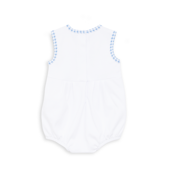 WHITE APPLIQUE BUBBLE WITH BLUE GINGHAM TRIM AND FISHING APPLIQUE SLEEVELESS ON WHITE BACKGROUND