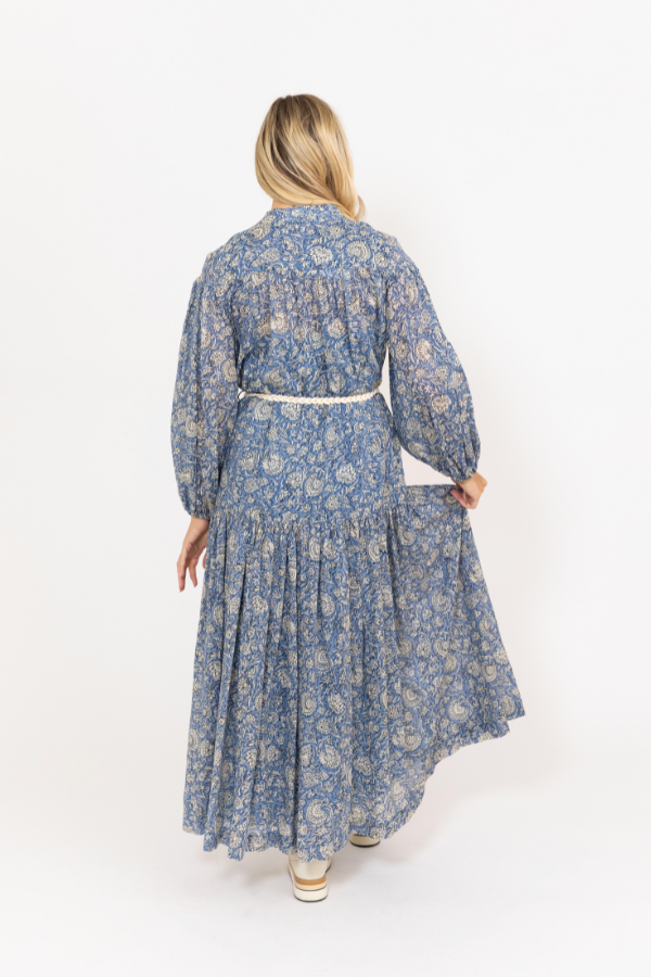 KARLIE: BLUE VINTAGE FLORAL BUTTON MAXI DRESS WITH BELT