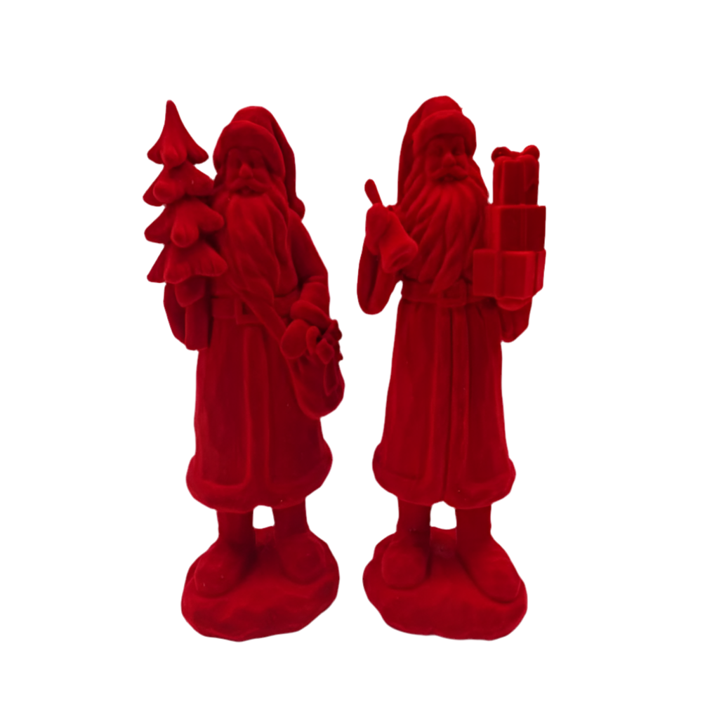Two red decorative figures on a white background
