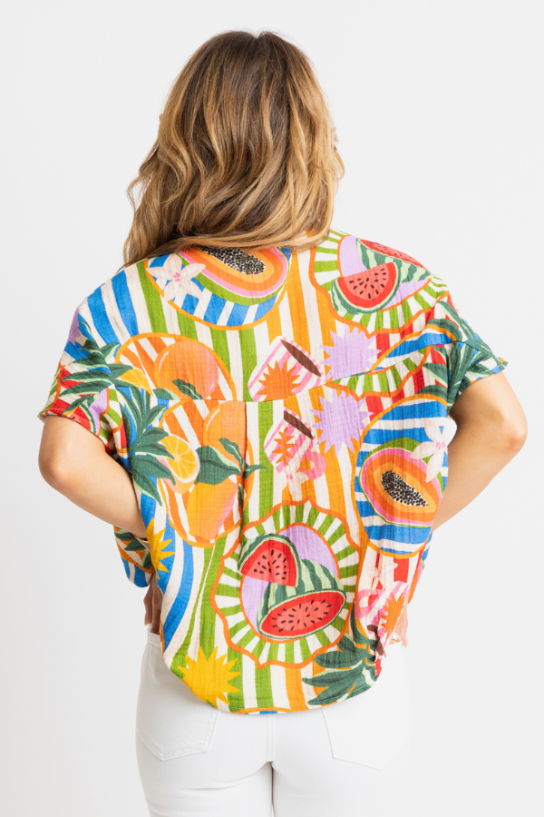 KARLIE: BLUE TROPICAL ISLAND FRUIT VNECK COLLAR TOP