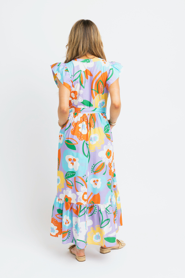 KARLIE: PURPLE ARTIST FLORAL TIER RIC RAC MAXI DRESS