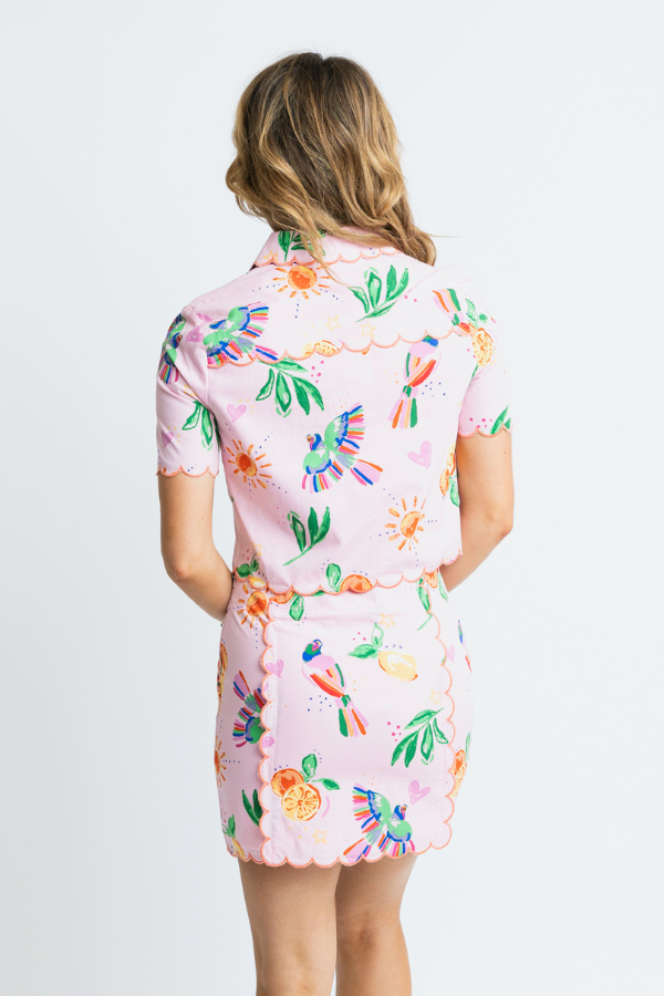 KARLIE: PINK TOUCAN FRUIT SCALLOP BUTTON TOP & SKIRT SET