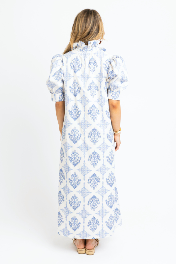 KARLIE: BLUE FRENCH VINTAGE FLORAL PUFF SLEEVE MAXI SHIRT DRESS