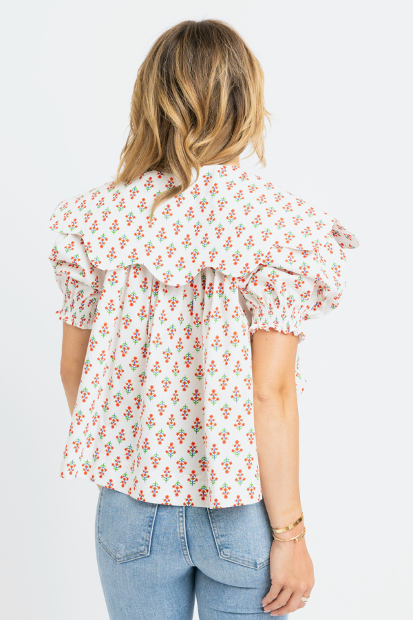 KARLIE: IVORY DIGITAL FLORAL COLLAR BUTTON TOP