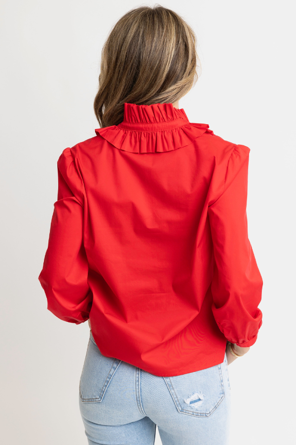 KARLIE: RED POPLIN RUFFLE NECK TOP