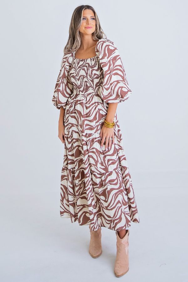 KARLIE: BROWN ZEBRA POPLIN SMOCK MAXI DRESS